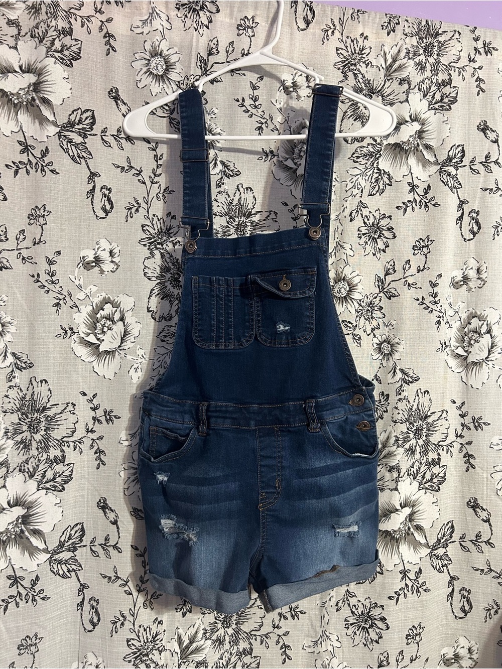 Wax Jean Blue Distressed Denim Short Overalls